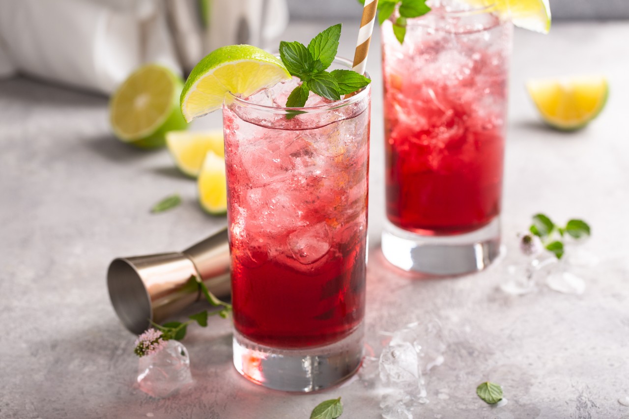 Cranberry lime cocktails in tall glasses served with ice, a slice of lime and fresh mint