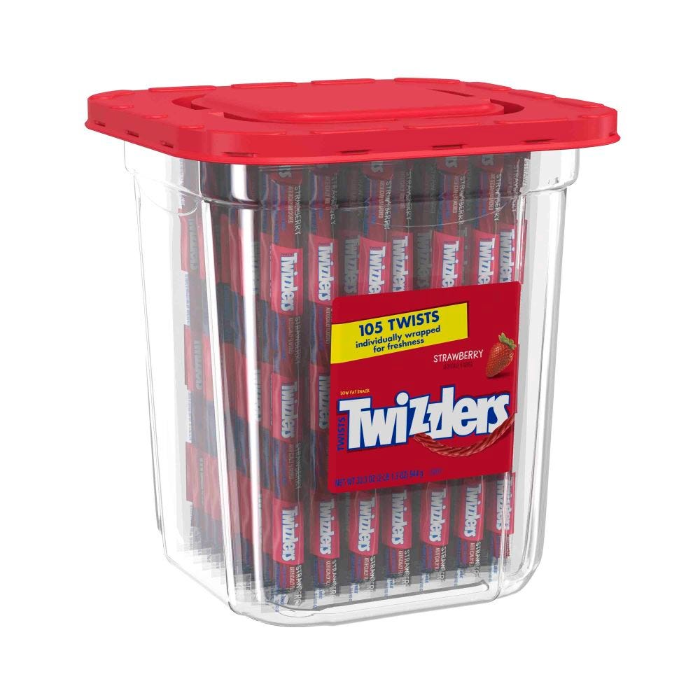 If you buy bulk candy, TWIZZLERS Strawberry Twists are a great way to twist up an ordinary day at the office. Reach for TWIZZLERS Strawberry Twists when you want a snack thats rich in Strawberry flavor, and store them in the supply closet to share with your coworkers. Perfect for storing in your desk drawer or stocking the break room Strawberry flavor Chewy, low-fat, long-lasting goodness A kosher snack available as a bulk candy shipment
