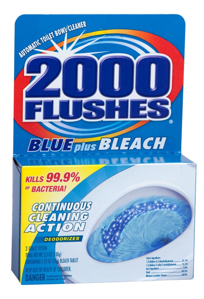 Remove 99.9 percent of bacteria and automatically clean and disinfect your toilet with 2000 Flushes Automatic Toilet Bowl Cleaners. Concentrated to continuously clean for up to four months, these powerful toilet bowl cleaning tablets bleach away stains and freshen and deodorize with every flush. Simply drop one tablet into your toilet's tank to get the best results. Use as directed.Features & Benefits: Ensure your toilets are stain-free Deodorized every day with 2000 flushes Kills 99% of bacteria The detergents deliver a blue tint to the water